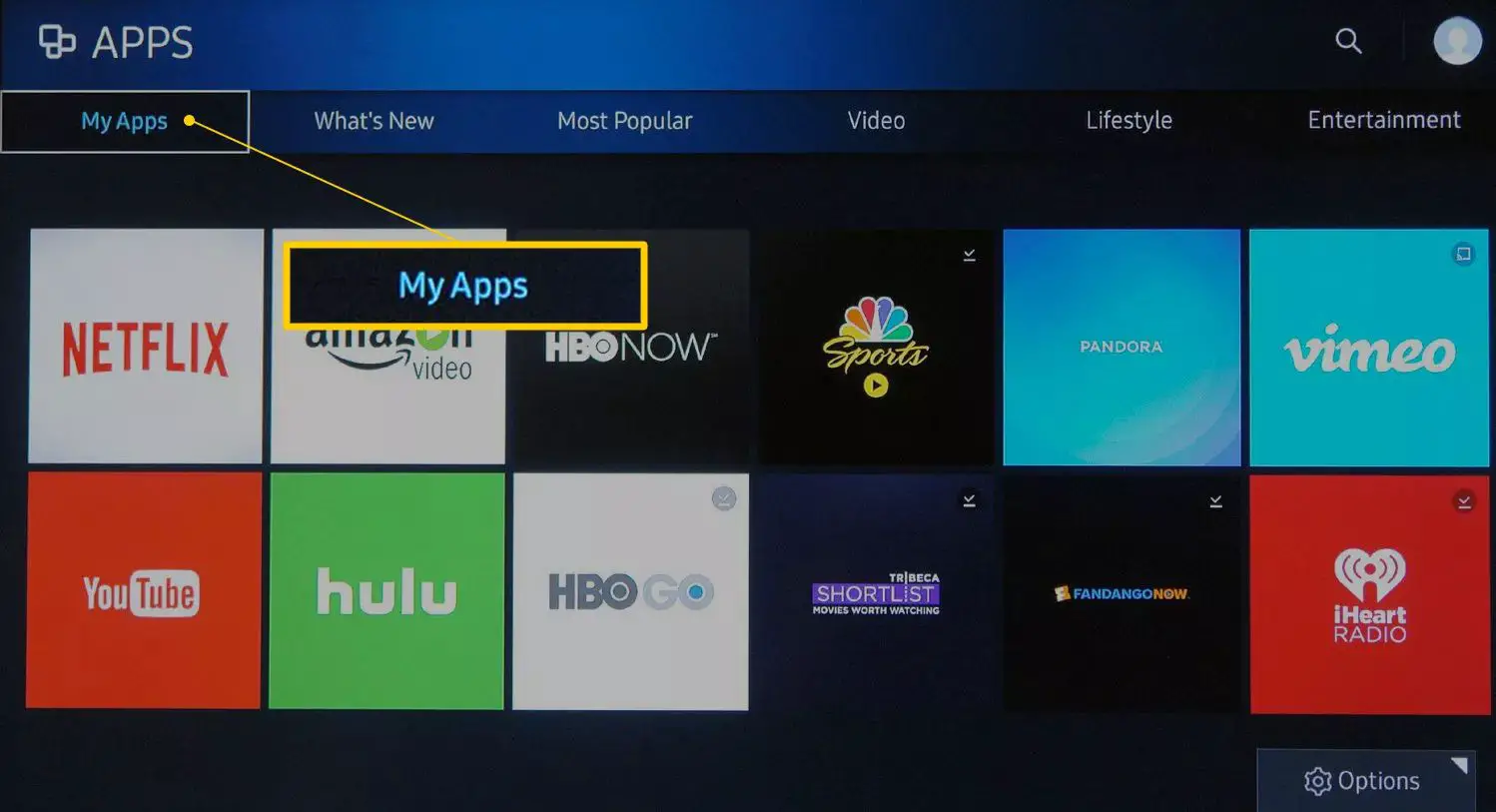 A tela MyApps na Samsung Smart TV App Store