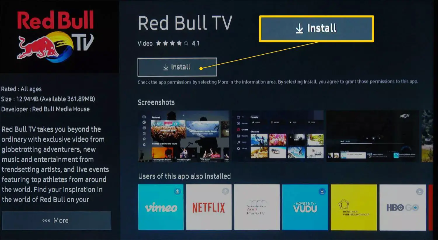 Selecione Instalar para adicionar um aplicativo à Samsung Smart TV