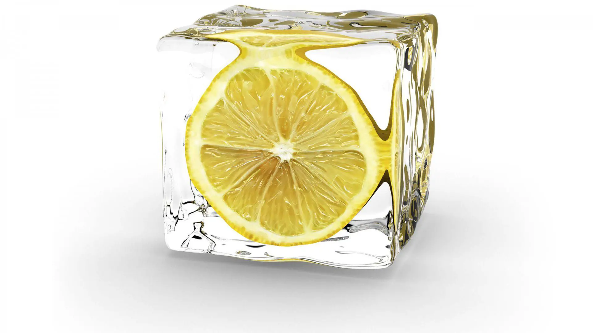 Papel de parede de fundo de uma fatia de limão congelada em um cubo de gelo