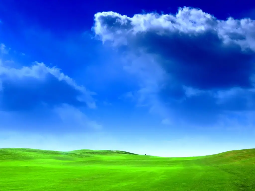 Papel de parede da área de trabalho que descreve um campo verde brilhante e um céu azul