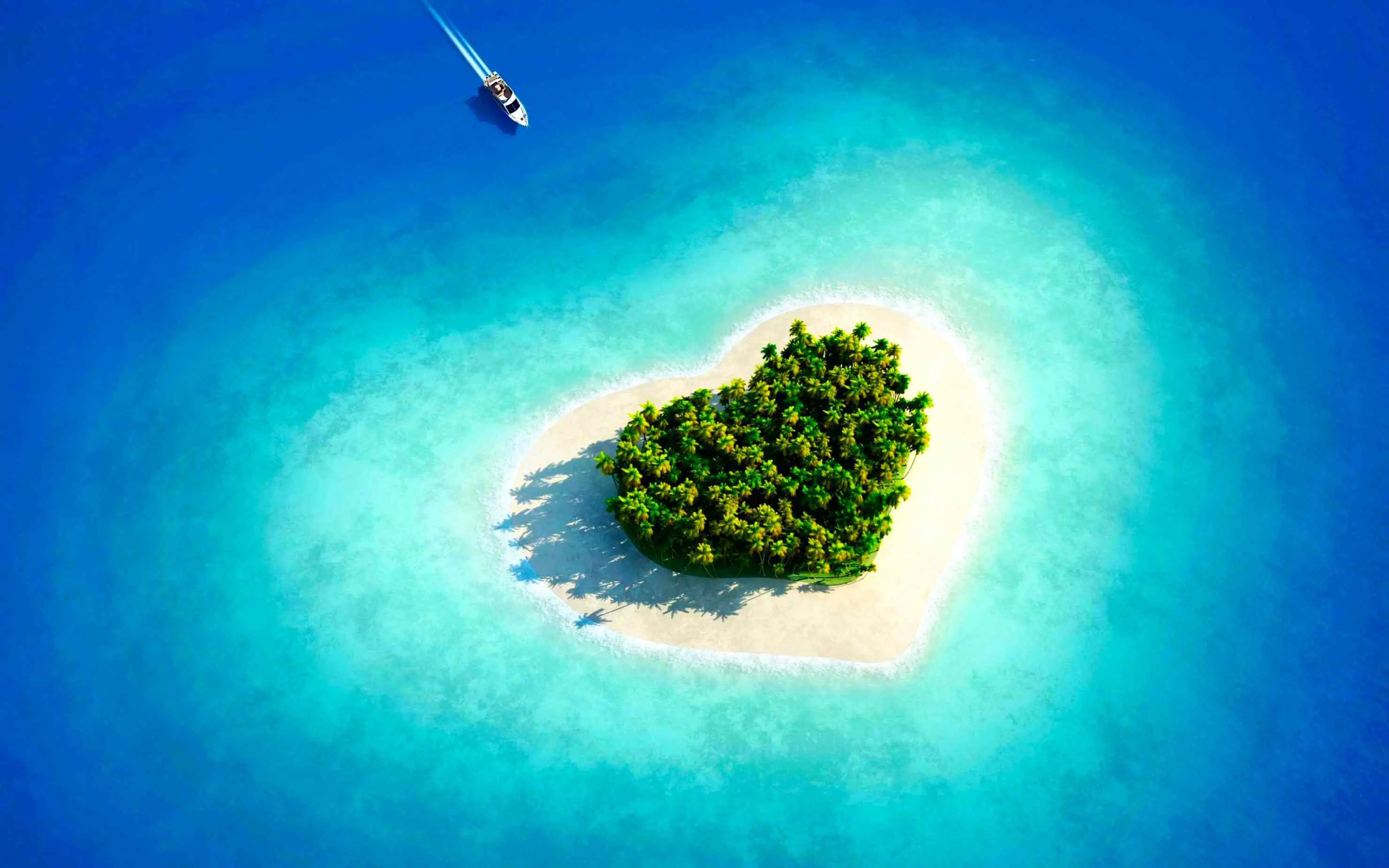 Plano de fundo da área de trabalho de uma lancha em direção a uma ilha em forma de coração 