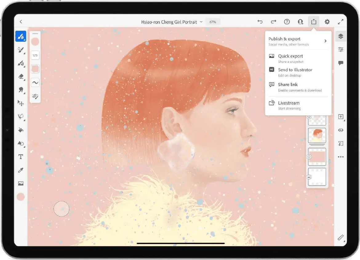 Opções de publicação e exportação do Adobe Fresco aplicadas a um retrato no iPad
