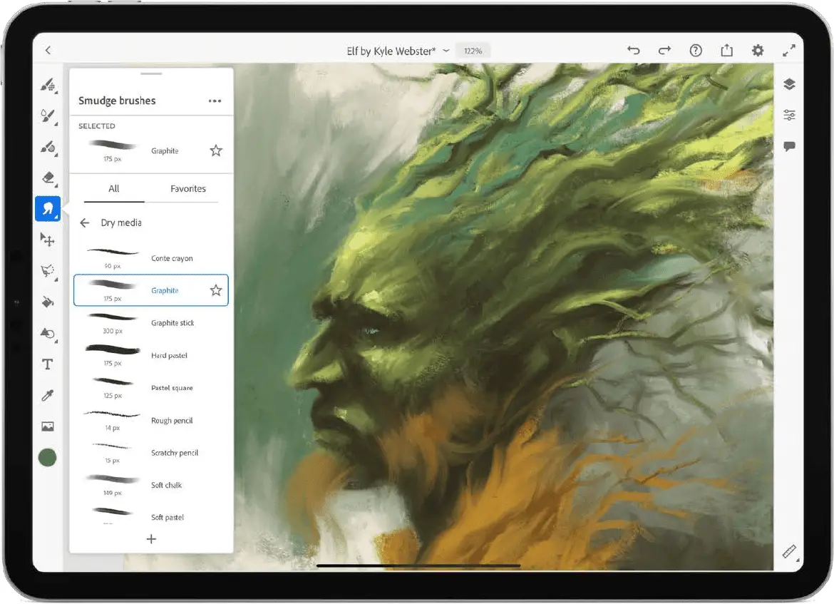 Pincéis de manchas e opções de mídia seca do Adobe Fresco no iPad