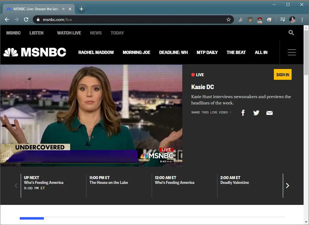 Uma captura de tela da transmissão ao vivo do MSNBC.