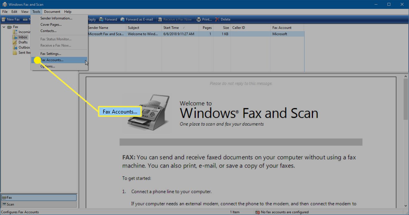 A opção Contas de fax no Windows Fax and Scan.