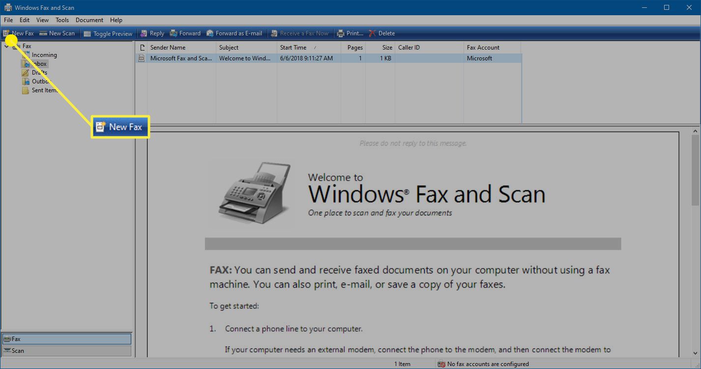 A opção Novo fax no Windows Fax and Scan.