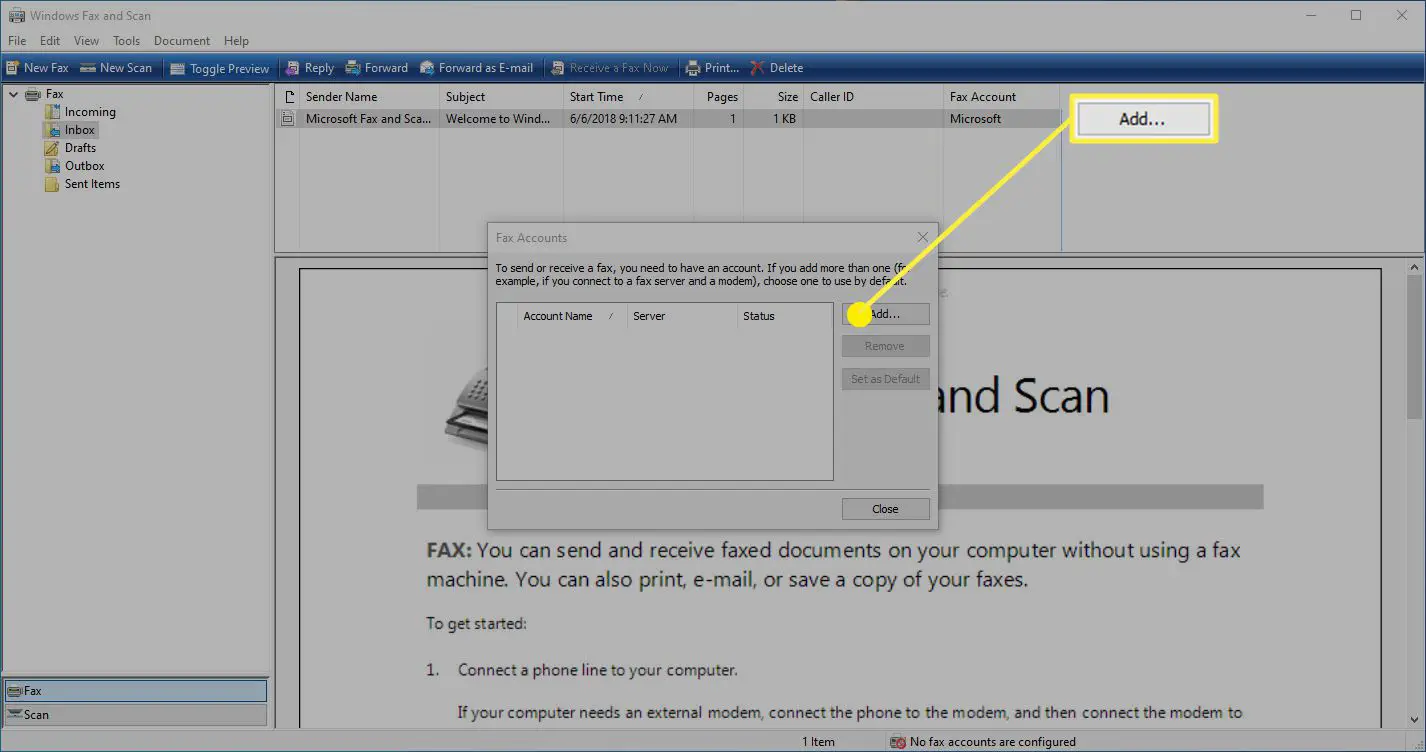 A opção de adicionar uma conta de fax no aplicativo Windows Fax and Scan.