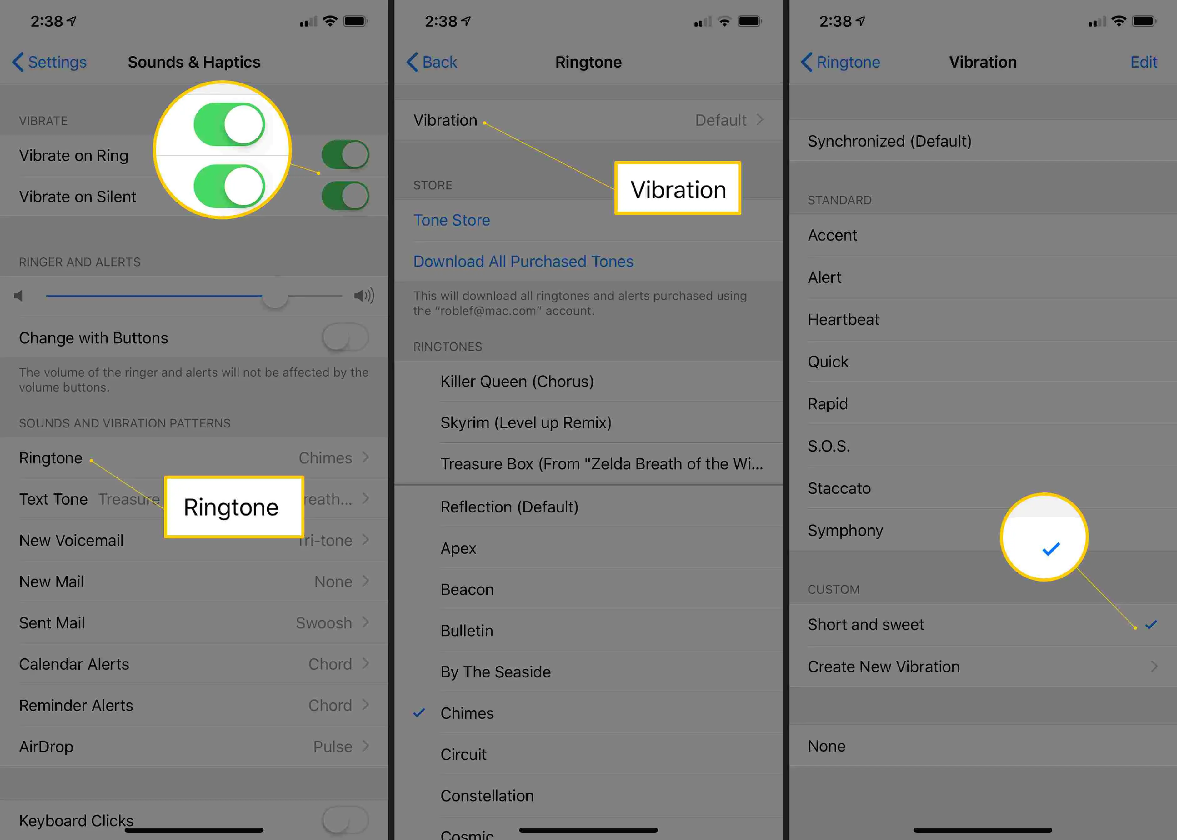 Três telas do iOS exibindo os botões Vibrar ao tocar e Silencioso, botão de toque, botão de vibração e marca de seleção