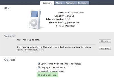 Ativando o uso de disco do iPod, captura de tela da etapa 1