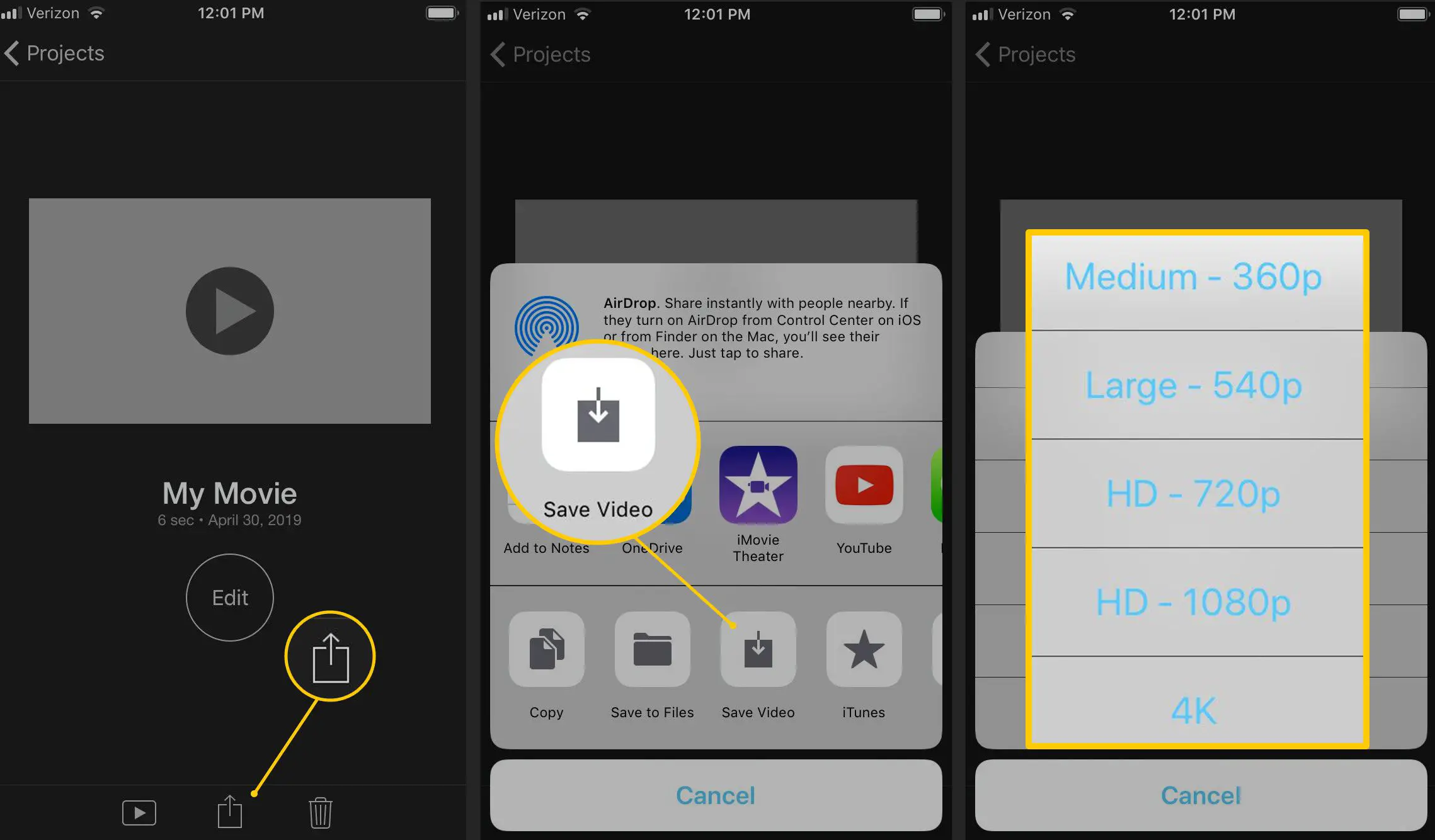 iMovie no iOS, botão Compartilhar, Salvar vídeo e tamanhos de saída