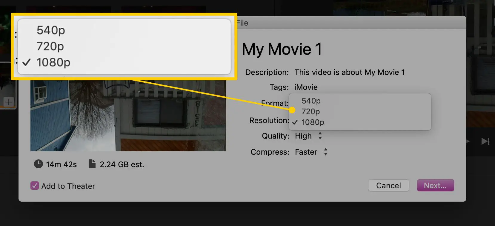 Tamanhos de arquivo para exportação do iMovie