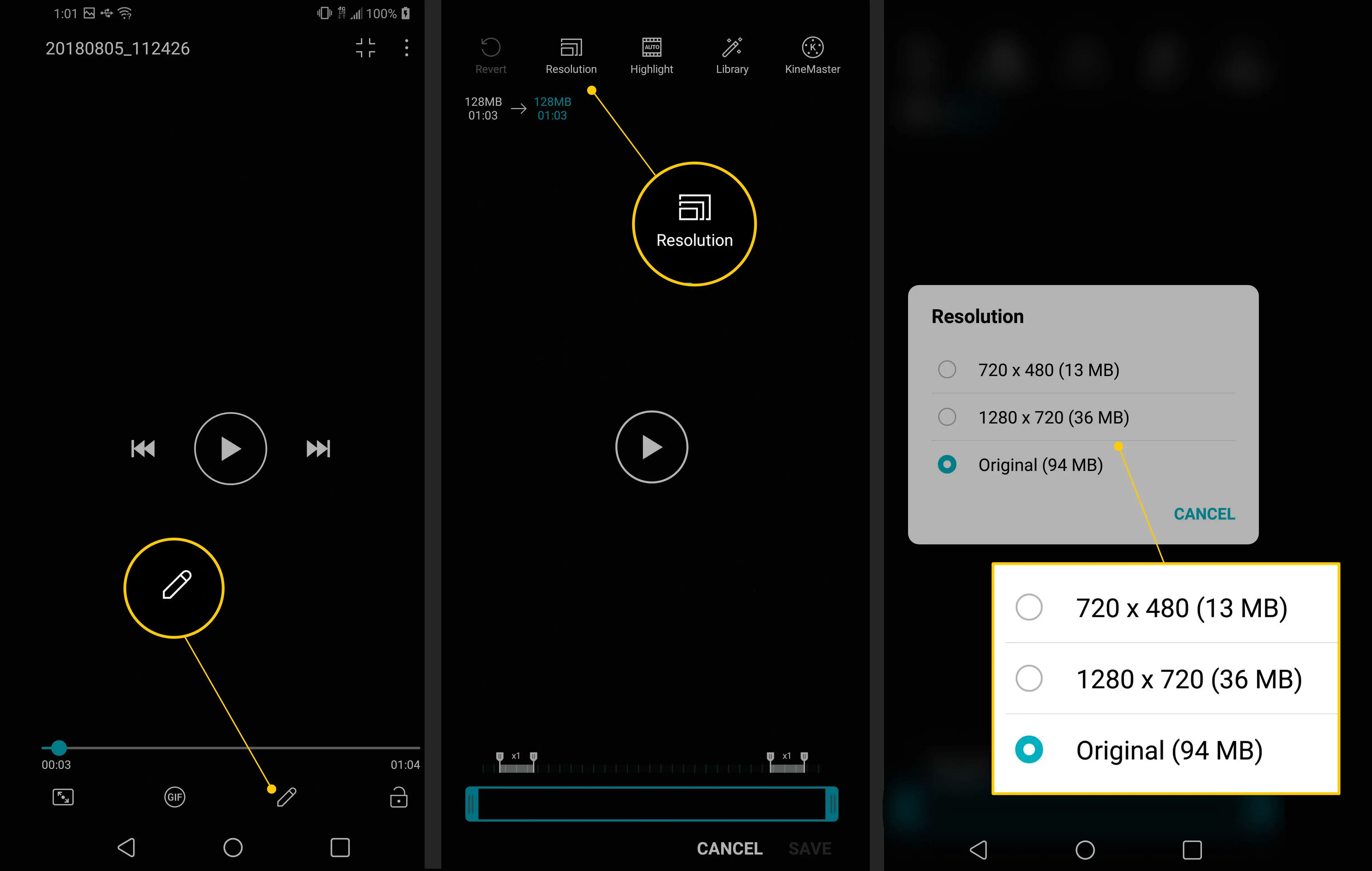 Três telas do Android mostrando os botões Editar, Resolução e opções