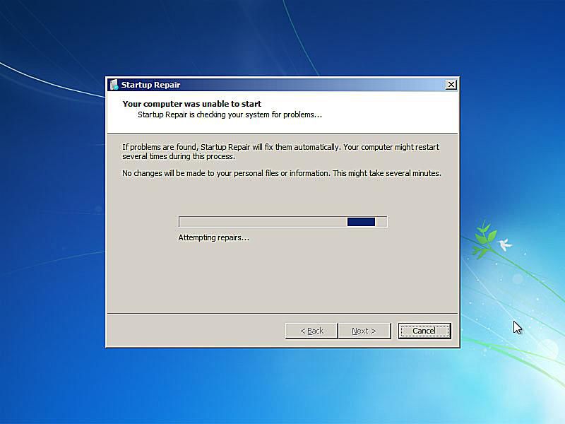 Uma captura de tela do reparo de inicialização do Windows 7 tentando corrigir problemas