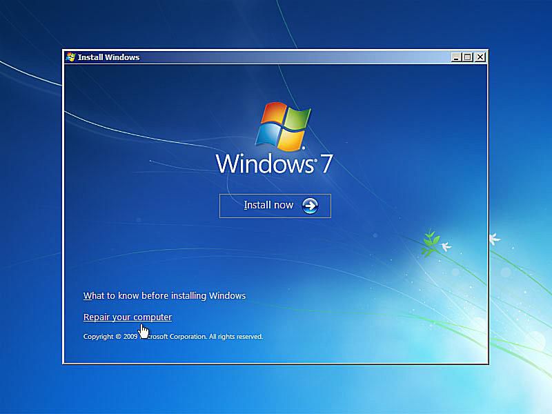 Uma captura de tela do link de instalação do Windows 7 para reparar o computador