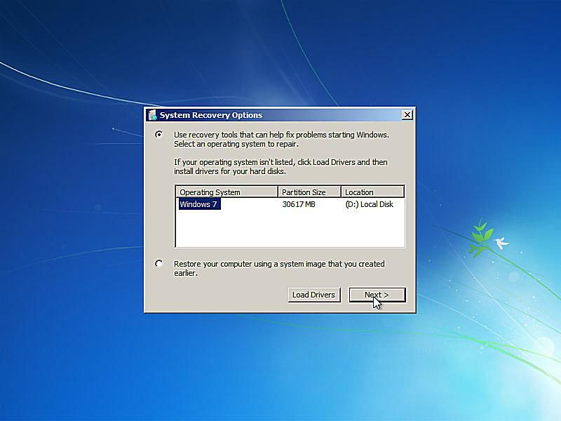 Uma captura de tela do reparo de inicialização do Windows 7 solicitando o sistema operacional
