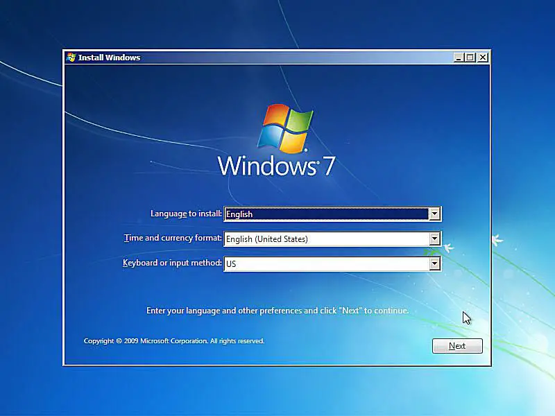 Uma captura de tela da configuração do Windows 7