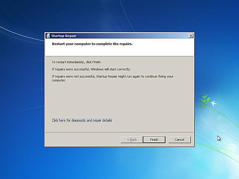 Uma captura de tela do término do reparo de inicialização do Windows 7