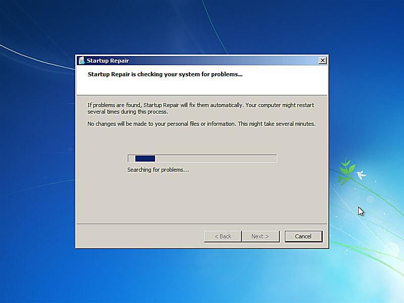 Captura de tela do reparo de inicialização do Windows 7 em busca de problemas