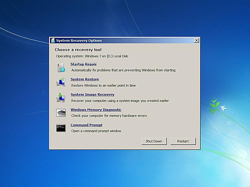 Uma captura de tela das opções de recuperação de reparo de inicialização do Windows 7