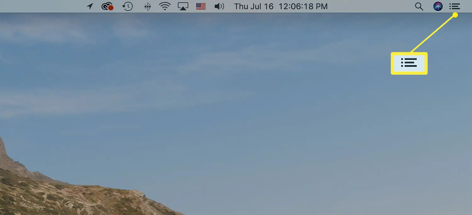 Barra de menu do Mac mostrando o ícone da Central de Notificações