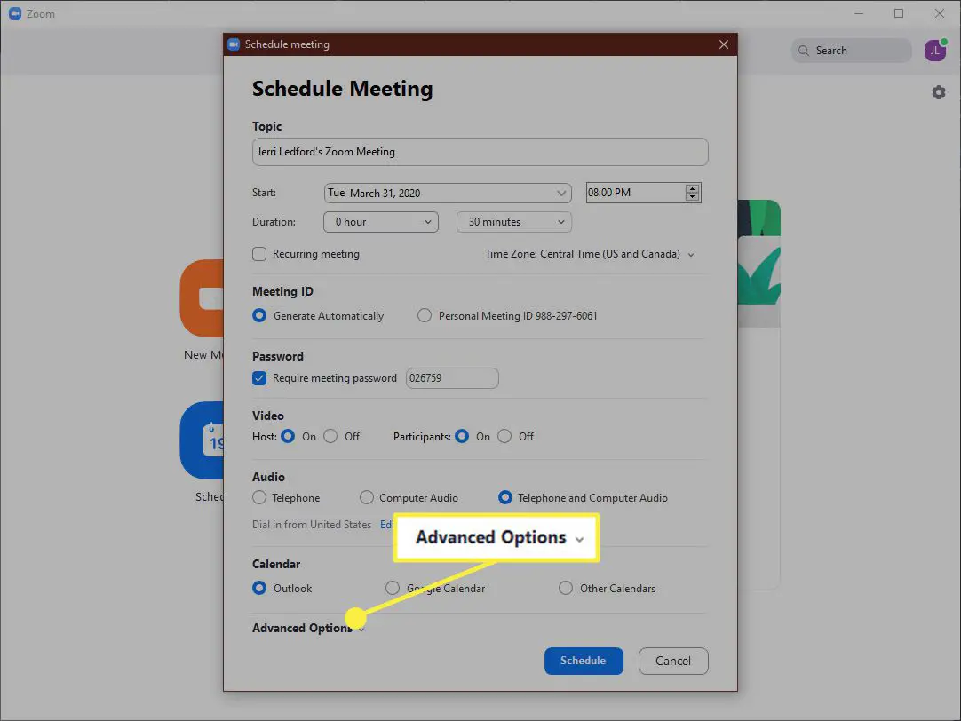Captura de tela do link Opções avançadas na caixa de diálogo Agendar reunião do aplicativo Zoom.