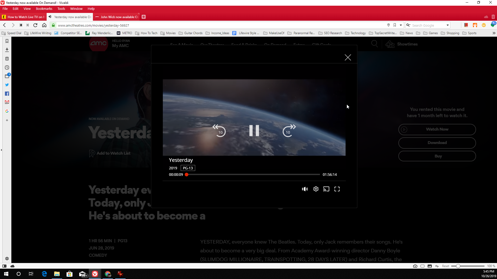 Captura de tela da reprodução de um filme AMC em seu navegador