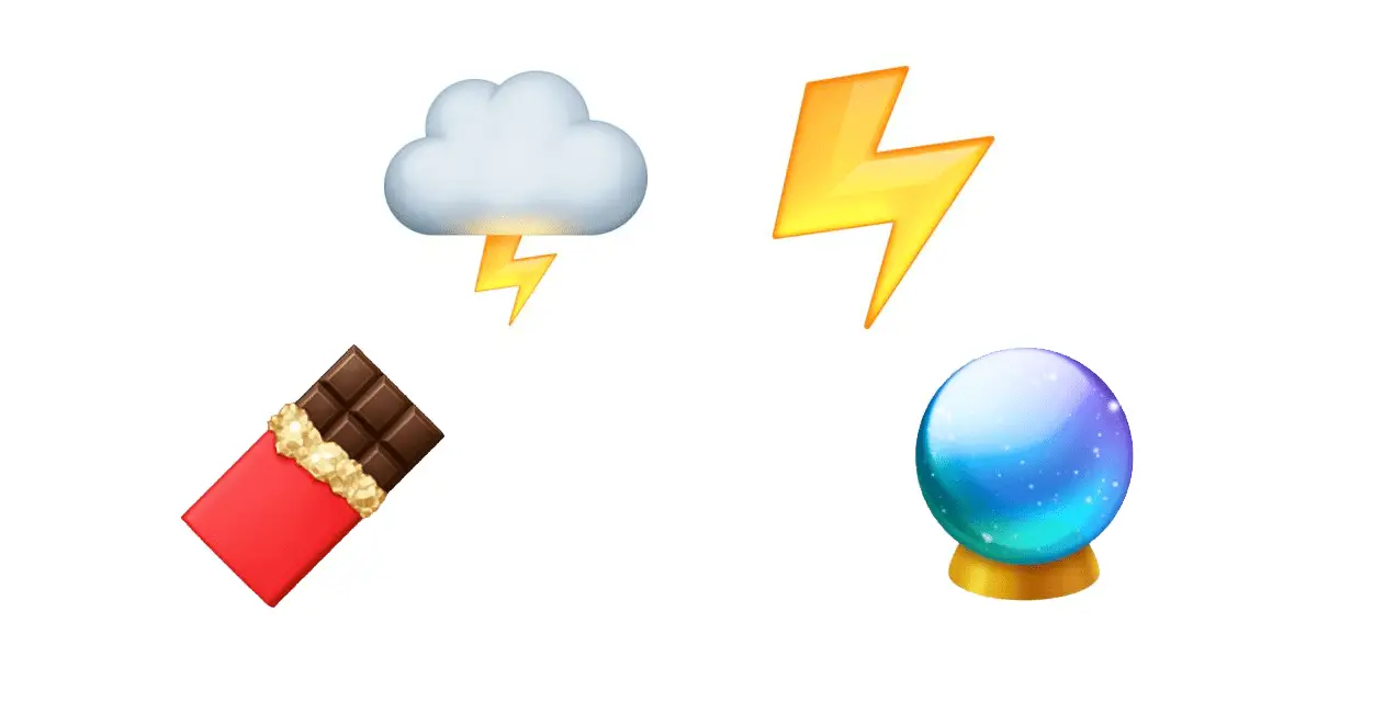 Ícones de nuvem e raio, barra de chocolate e bola de cristal