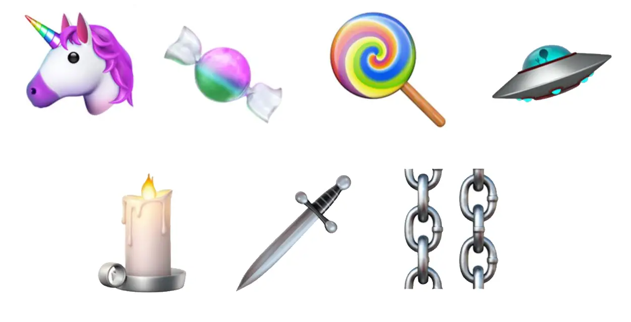 Emojis de unicórnio, doce, OVNI, vela, adaga e correntes
