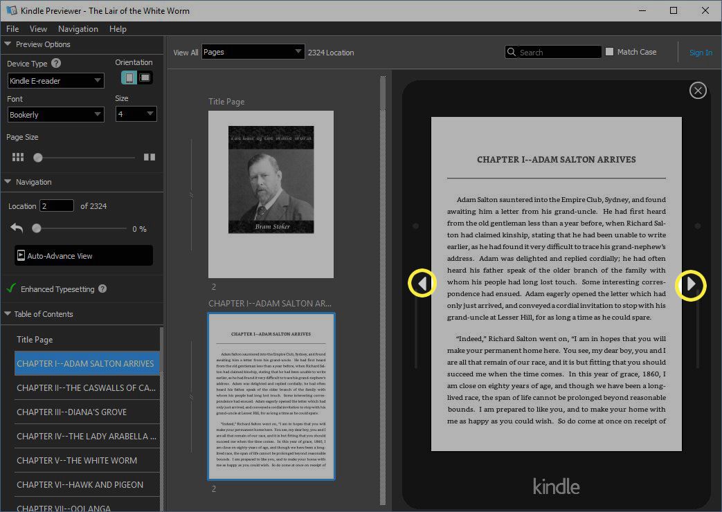 Use as setas de navegação na área de visualização para passar de uma página para outra no e-book.