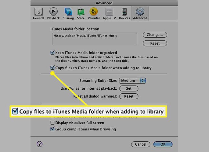 Marca de seleção na frente de Copiar arquivos para a pasta iTunes Media ao adicionar à biblioteca