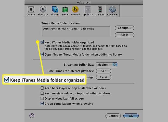 Preferências do iTunes Advanced com marca de seleção para manter a pasta iTunes Media organizada