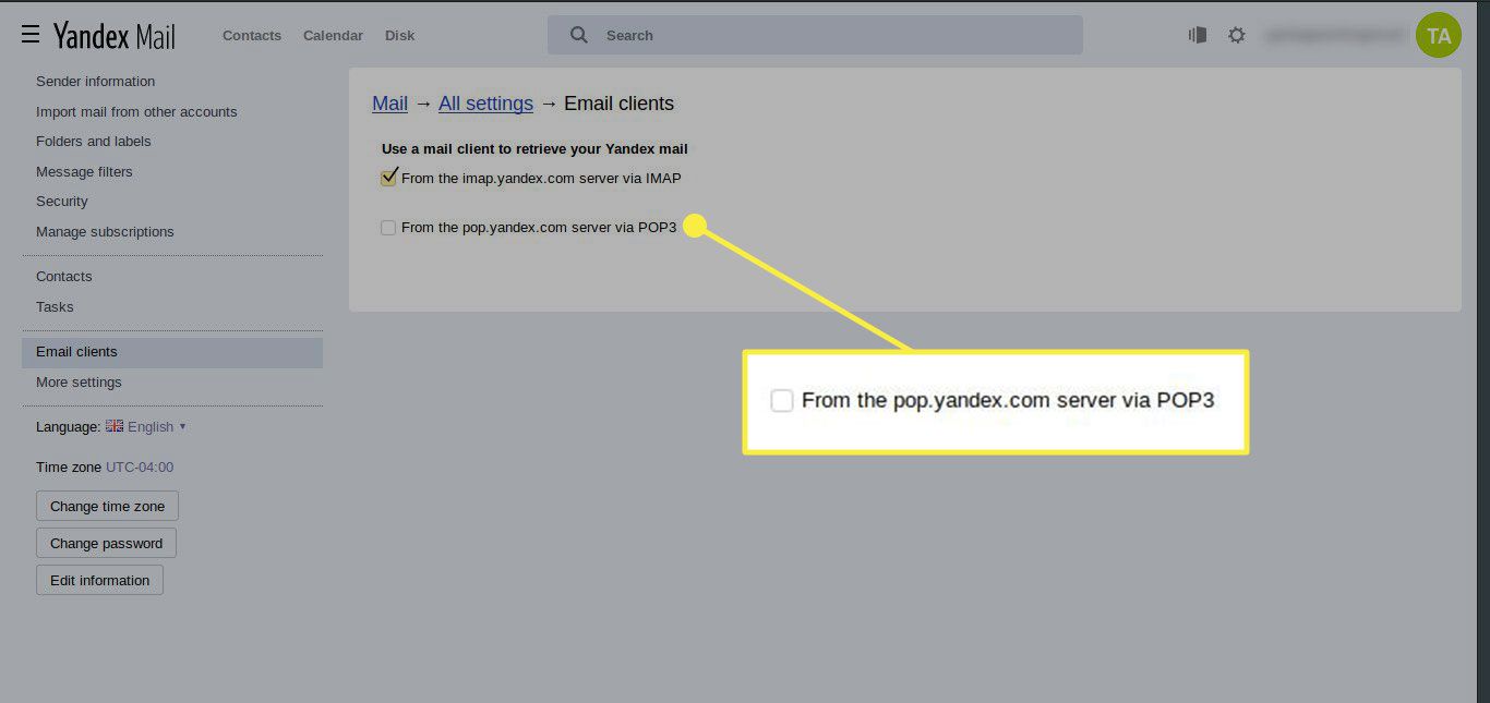 Uma captura de tela das configurações do Yandex Mail com a opção "Do servidor pop.yandex.com via POP3" destacada