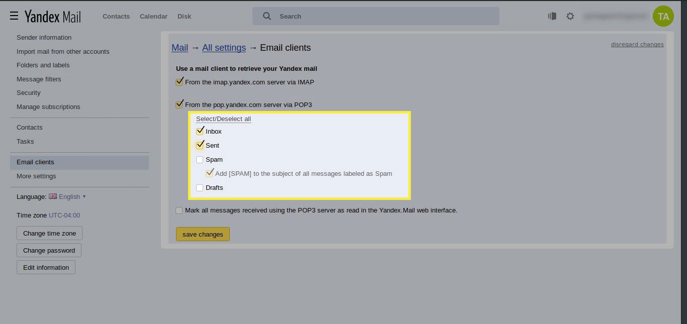 Uma captura de tela das configurações do Yandex Mail com as opções da pasta POP3 em destaque