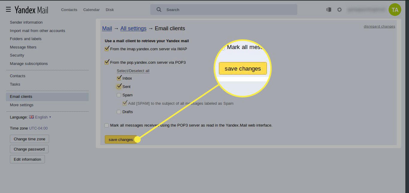 Uma captura de tela das configurações do Yandex Mail com o botão Salvar alterações destacado