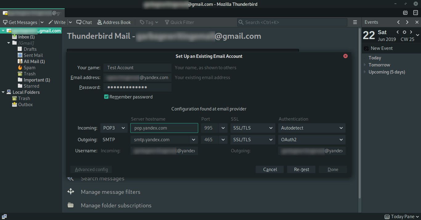 Configuração do Yandex Mail POP3 na captura de tela do Thunderbird