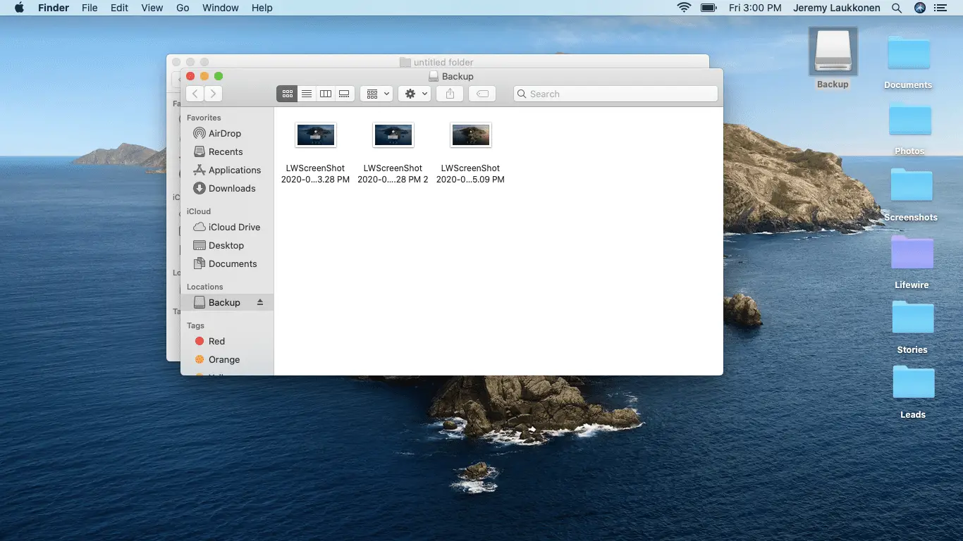 Uma captura de tela dos arquivos de backup no macOS.