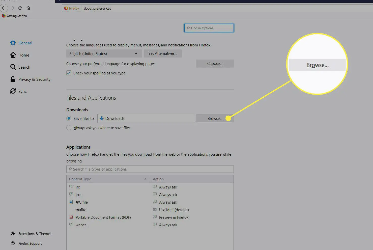 Uma captura de tela das preferências do Firefox com o botão Procurar para Downloads destacado