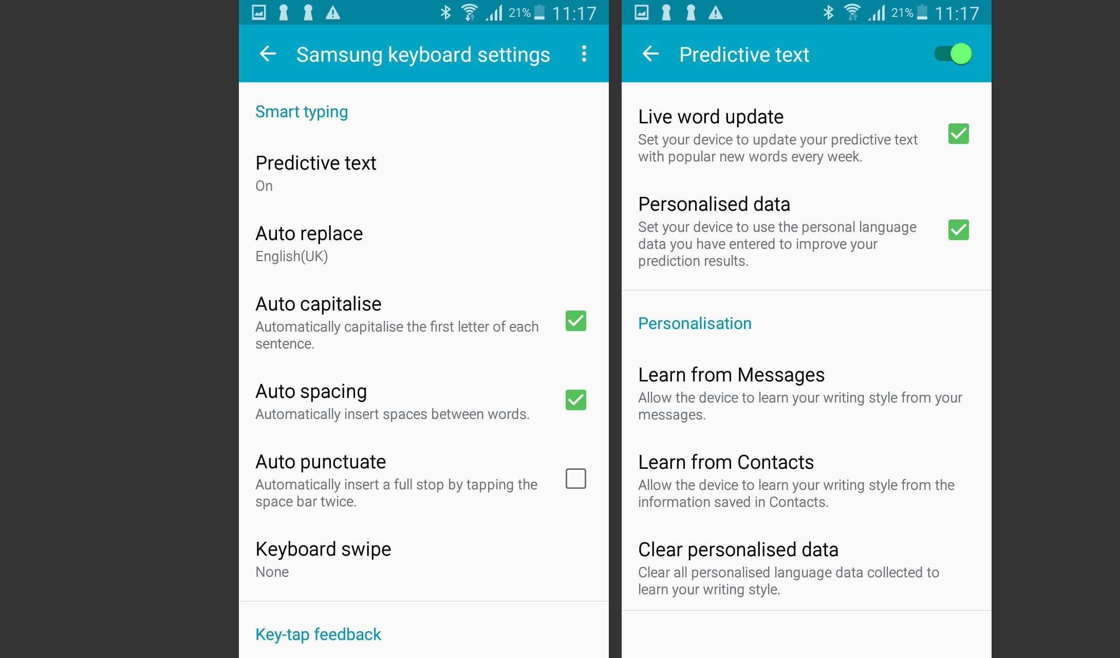 Configurações do teclado Samsung e configurações de texto preditivo