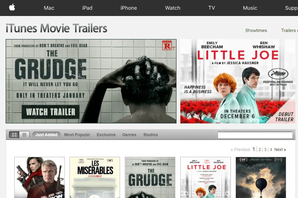 Últimos trailers de filmes no site da Apple