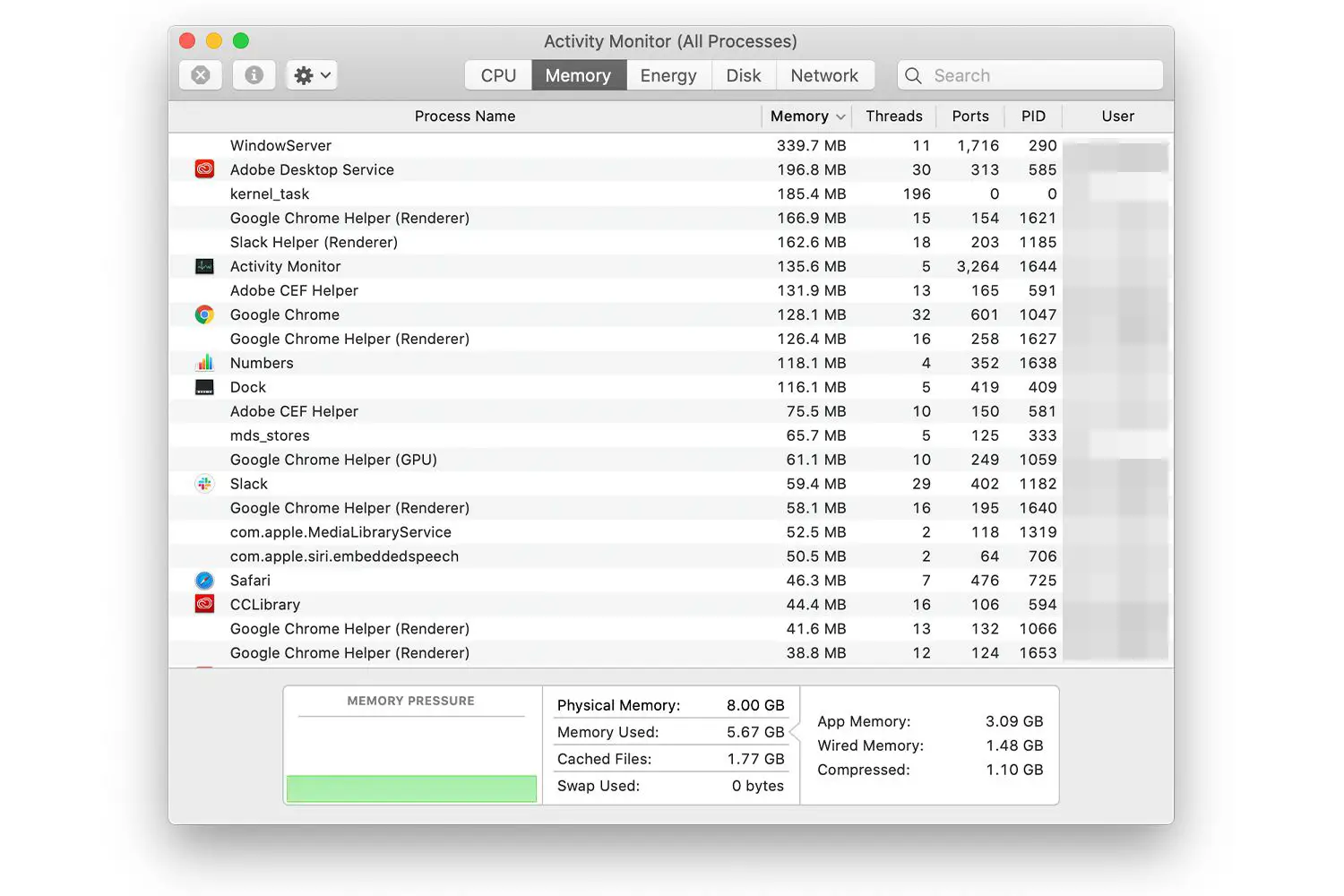 Guia de memória do aplicativo Activity Monitor em um Mac