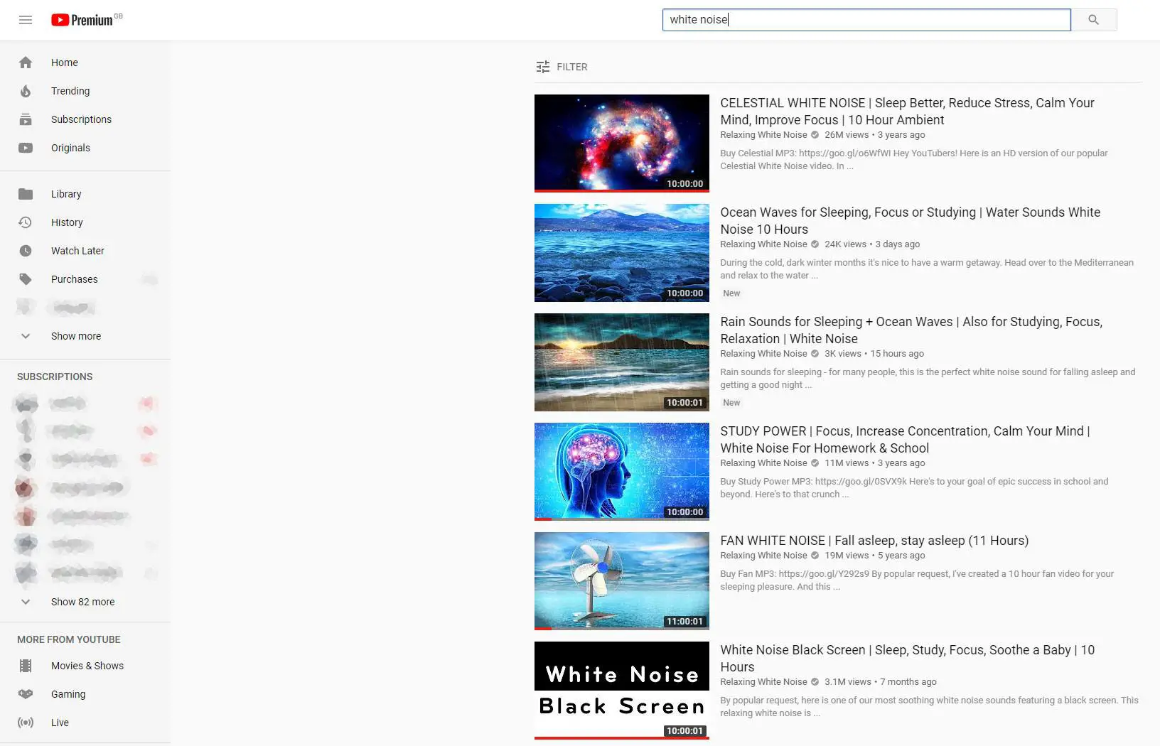 Captura de tela da lista de vídeos do YouTube para vídeos de ruído branco