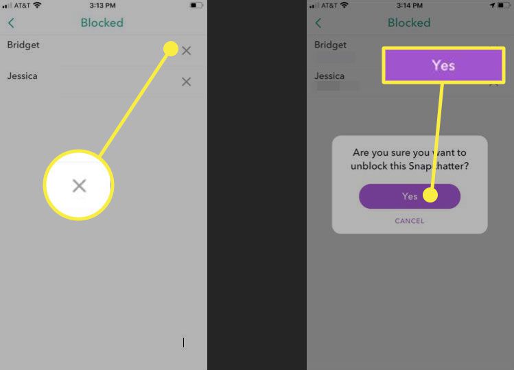 Snapchat com os botões Remover do Bloco e Sim destacados
