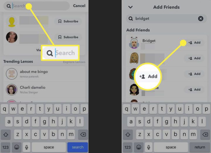 Snapchat com a barra de pesquisa e o botão Adicionar destacados