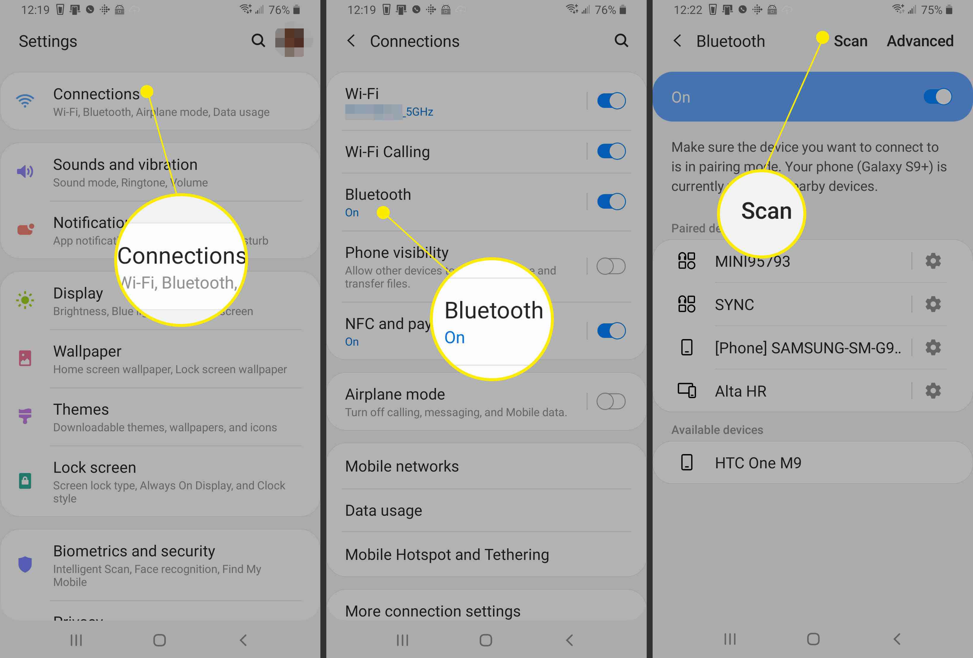 Capturas de tela de um telefone Android mostrando o caminho para procurar dispositivos Bluetooth
