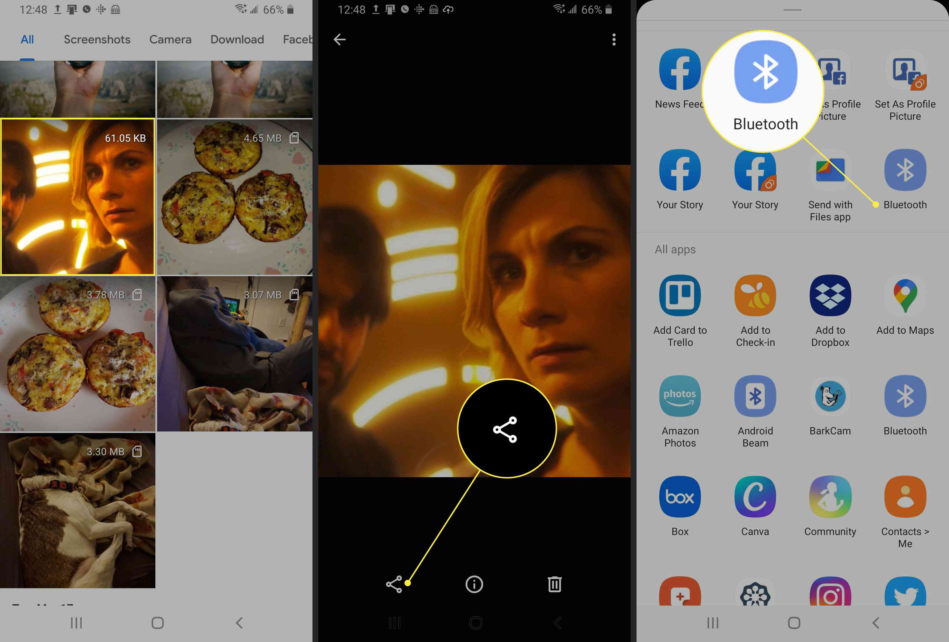 Capturas de tela de um telefone Android mostrando como compartilhar um arquivo via Bluetooth