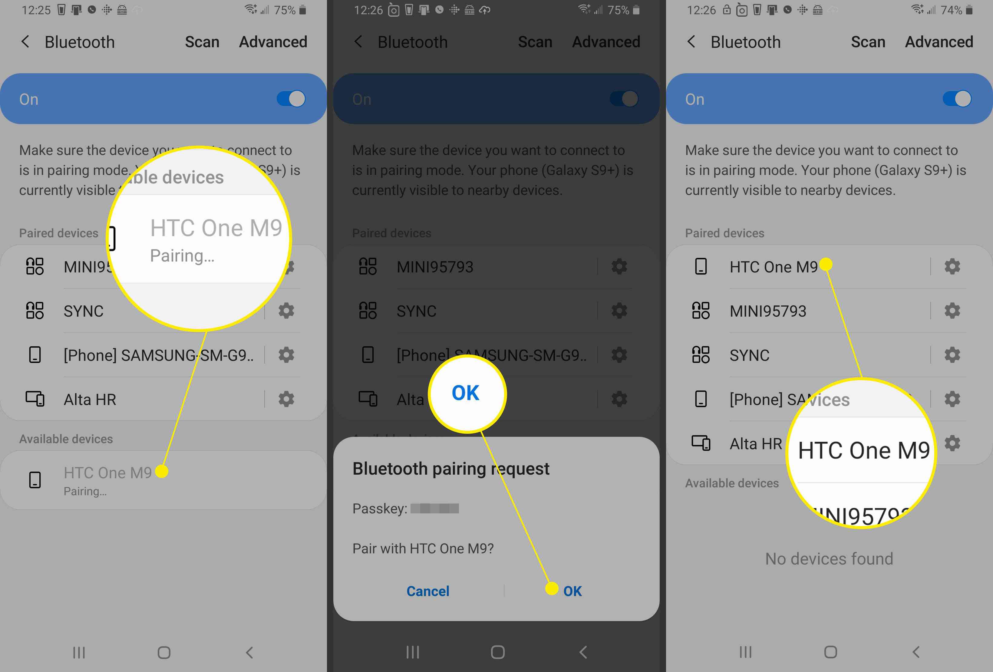 Capturas de tela de um dispositivo Android mostrando como se conectar a outro dispositivo via Bluetooth