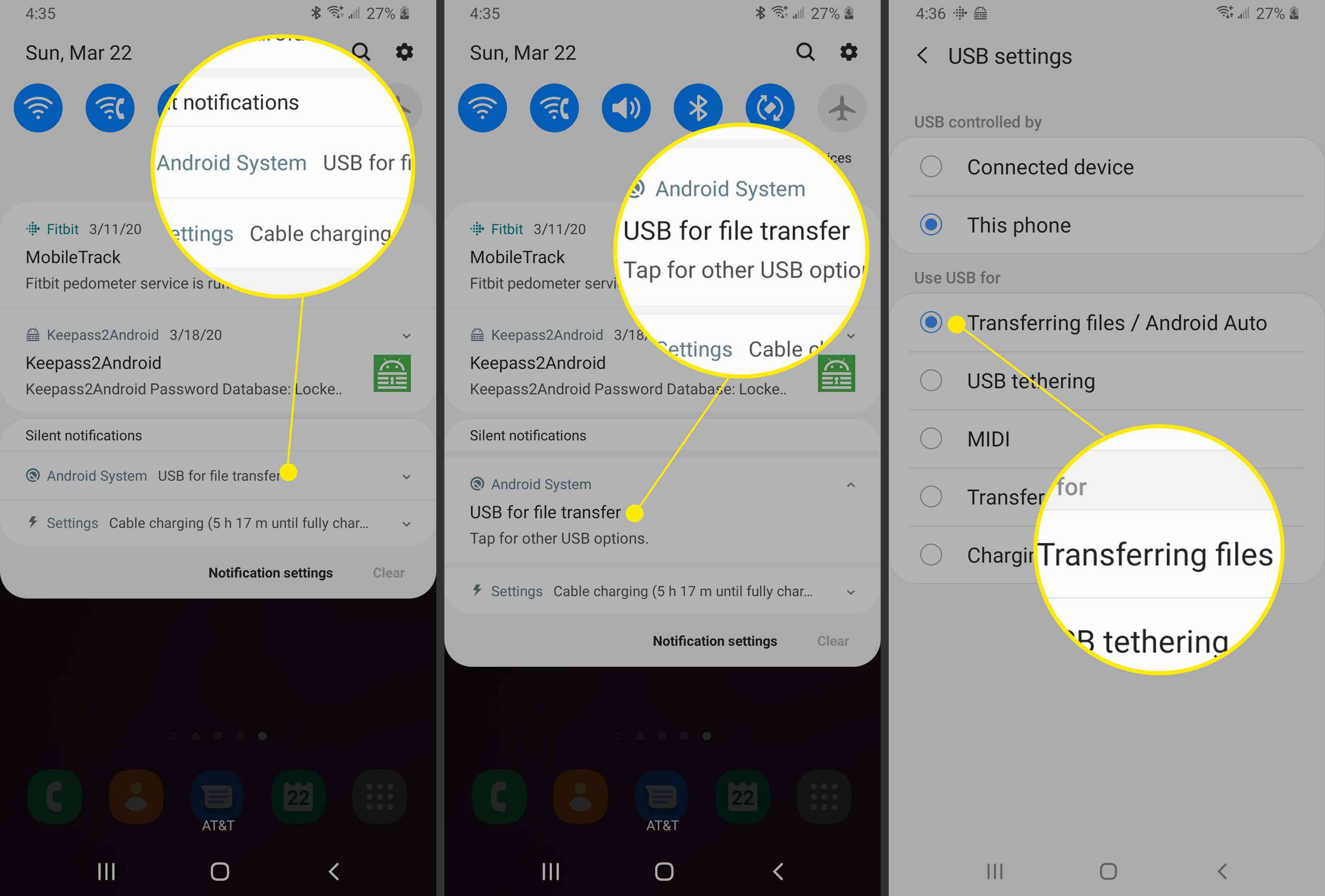 Capturas de tela de um dispositivo Android mostrando como definir as configurações de compartilhamento USB