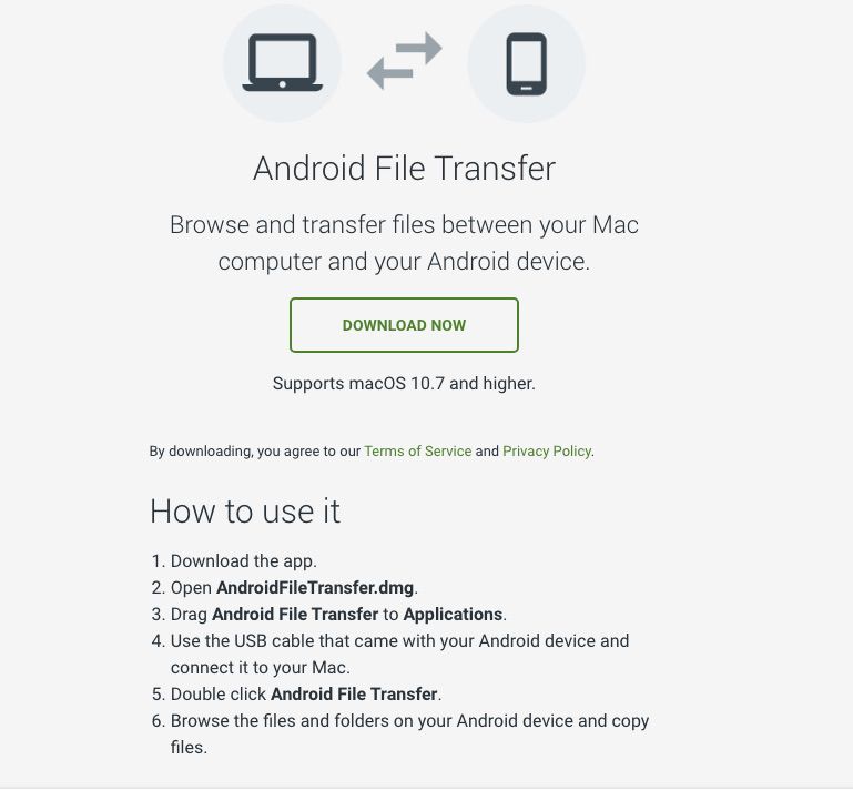 Captura de tela da transferência de arquivos do Android para Mac