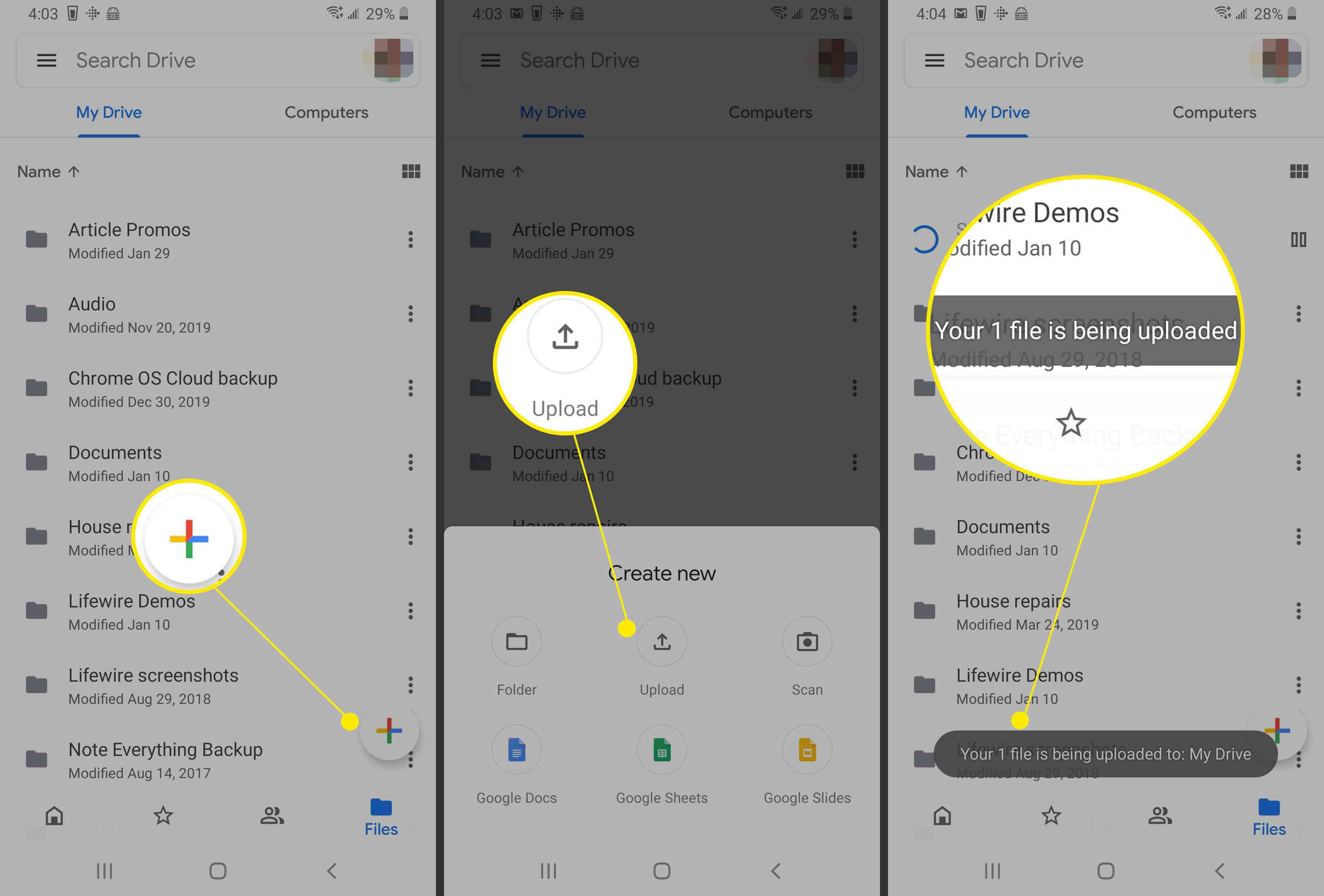 Capturas de tela de um telefone Android mostrando um arquivo sendo enviado ao Google Drive