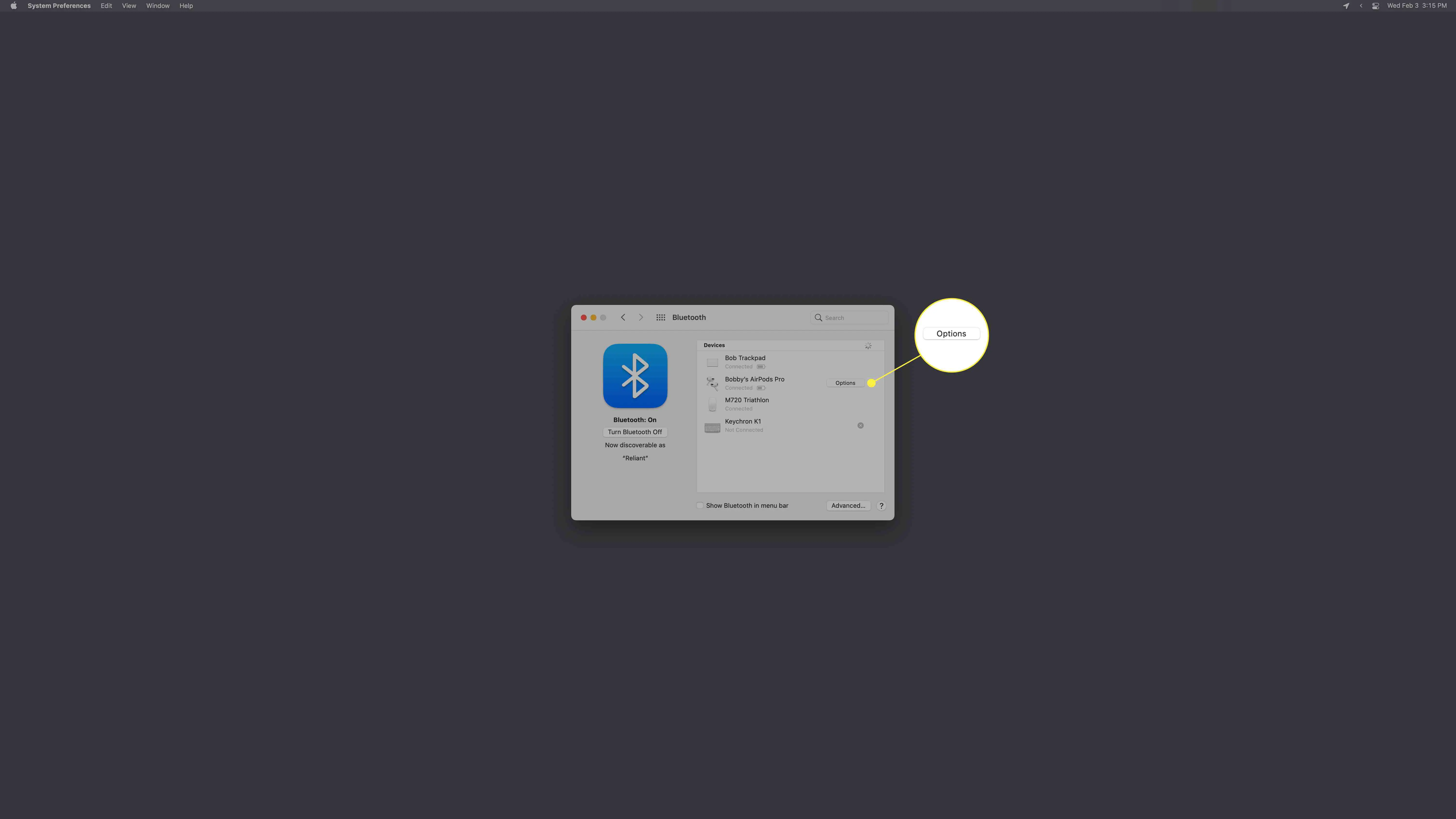 A opção Opções para AirPods no painel de preferências Bluetooth para macOS.
